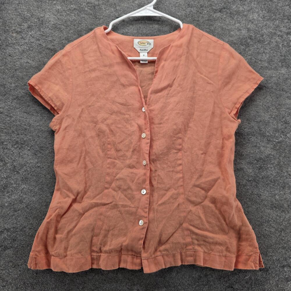 Talbots Shirt Womens 10 Salmon Pink Irish Linen Short Sleeve Button Front Top